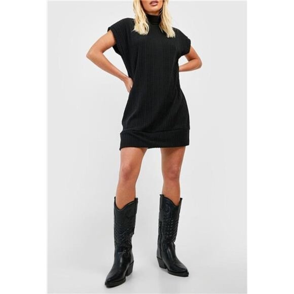 Women's Turtleneck Oversized Sleeveless Ribbed Tunic Sweater Dress - Picture 2 of 7